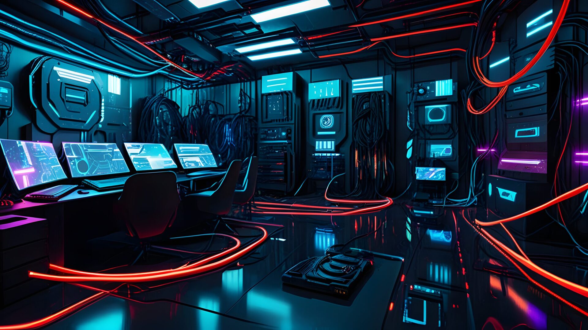 Ein AI-Generietes Bild eines Technikraumes mit mehreren Bildschirmen im Sci-Fi Stil. Blau rot domniert als Farbe