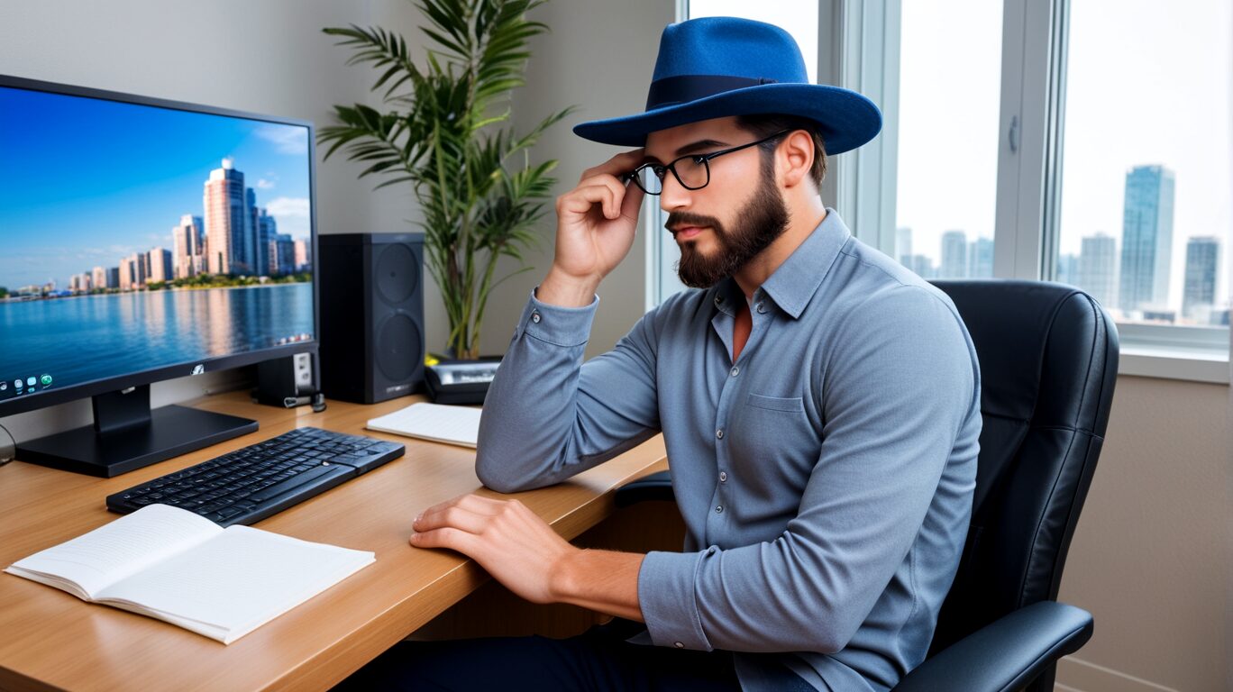 Ein Ki-Bild von mir vor einem Schreibtisch mit einem Computer. Ich trage dort den blauen Fedora, sowie ein graues Tshirt